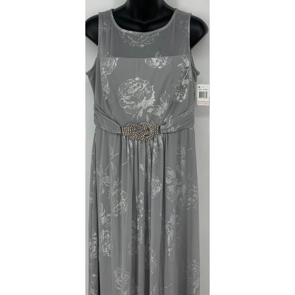 MSK Shift Dress Size 2 Silver Gray Floral Sleeveless Foil Belted Trim Women New - Picture 2 of 11